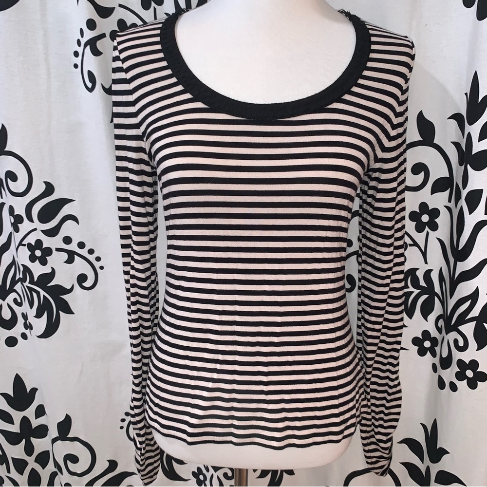 White House Black Market Size Small Long Sleeve Black/Ivory Stripe Tee